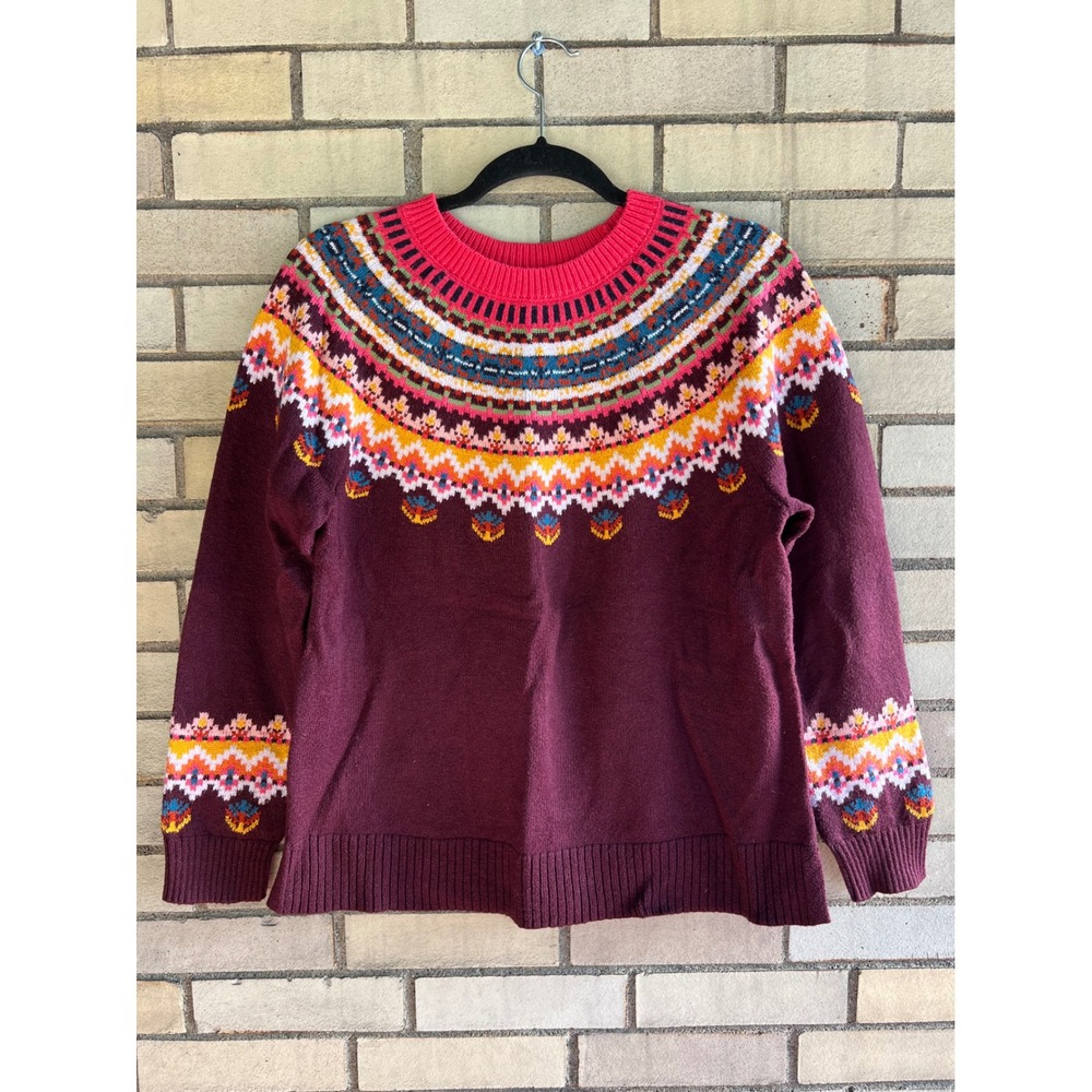Talbots Petite Fair Isle Crewneck Sweater Burgundy Multi Medium Size MP